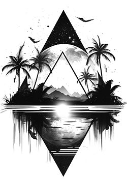 Tattoo template of a geometric landscape with mountains and palm trees