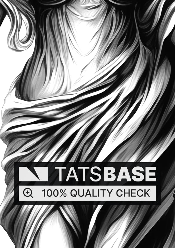 Tattoo template of a Lady Justice holding scales and sword, symbolizing balance and fairness