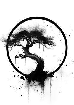 Tattoo template of a bonsai tree enclosed by a circle with ink splashes