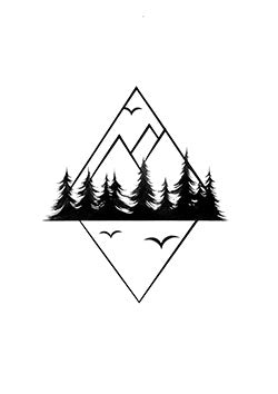 Tattoo template of a geometric forest and mountain scene with flying birds