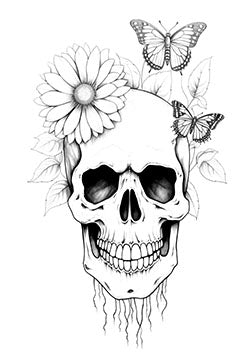 Tattoo template of a skull with a daisy and butterflies, symbolizing life, death, and transformation