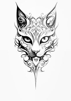 Tattoo template of a cat face with tribal patterns for a striking and mystical look