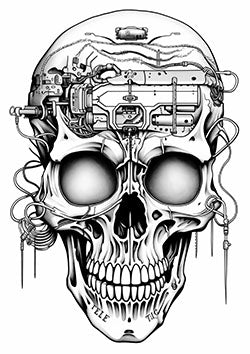 Tattoo template of a skull with biomechanical and futuristic technology elements.