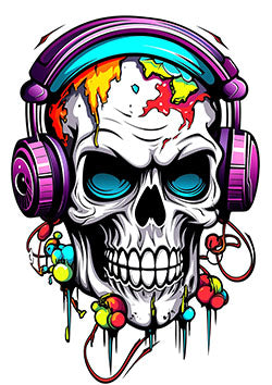 Tattoo template of a skull wearing colorful headphones dripping with paint