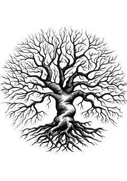 Tattoo template of a detailed tree with intricate branches and roots symbolizing strength and connection