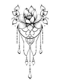 Tattoo template of a lotus flower with beaded chains and teardrop accents