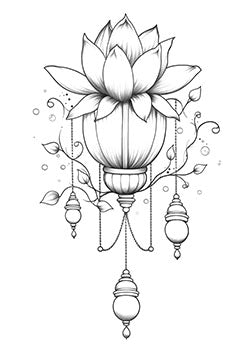 Tattoo template of a lotus with hanging ornaments