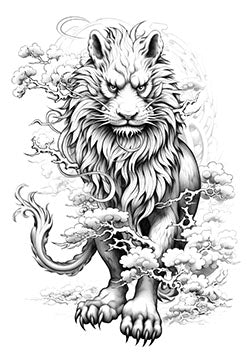 Tattoo template of a lion surrounded by clouds