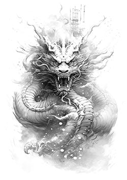 Tattoo template of a roaring dragon with a pagoda in clouds