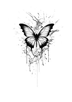 Tattoo template of a butterfly in dynamic ink splashes, portraying freedom and transformation