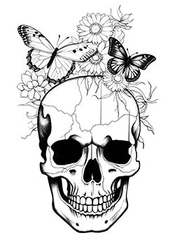 Tattoo template of a cracked skull with butterflies and flowers, symbolizing life and death.