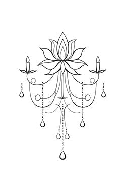 Tattoo template of a lotus flower with candles and hanging beads