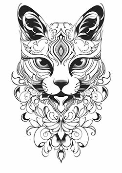 Tattoo template of an ornamental cat face with intricate details