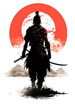 Tattoo template of a samurai with a red sun background