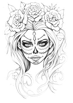 Tattoo template of a stunning sugar skull woman with intricate floral crowns, blending beauty and mystique.