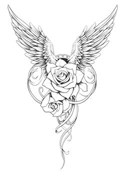 Tattoo template of angel wings with a central rose design