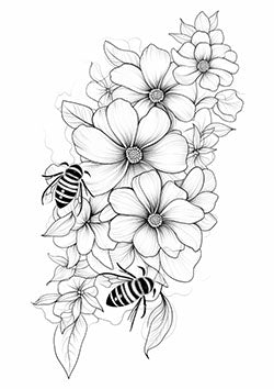 Tattoo template of a blooming flower arrangement with bees in intricate detail