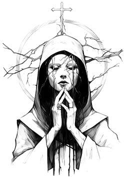 Tattoo template of a hooded figure with cracked skin and a tree growing from their head in prayer.