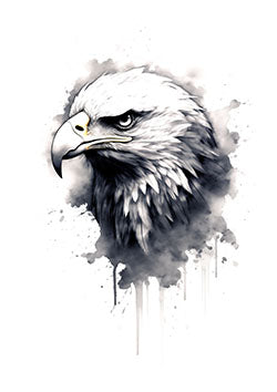 Tattoo template of a majestic eagle head with a piercing look and ink splatter