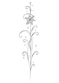 Tattoo template of a delicate floral design with swirls and a central blossoming flower.