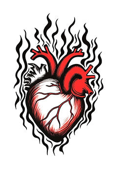 Tattoo template of a realistic heart engulfed in black flames