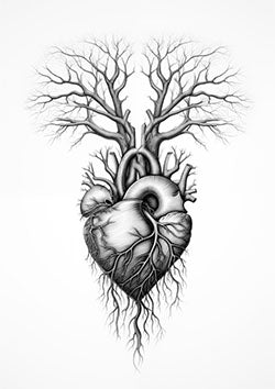 Tattoo template of a heart turning into a tree with branches and roots