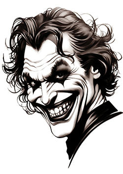 Tattoo template of a sinister figure with wild hair and a chilling smile, embodying madness and malevolence