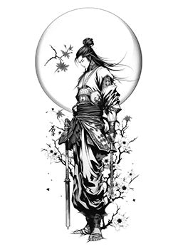 Tattoo template of a samurai with cherry blossoms