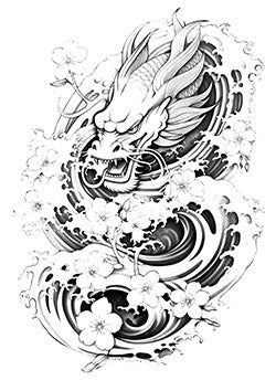 Tattoo template of a dragon with cherry blossoms