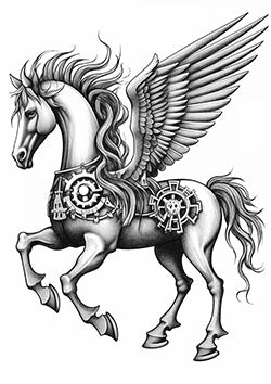 Tattoo template of a winged Pegasus adorned with mechanical gears, blending fantasy and steampunk elements.