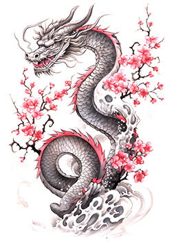 Tattoo template of a dragon with cherry blossoms