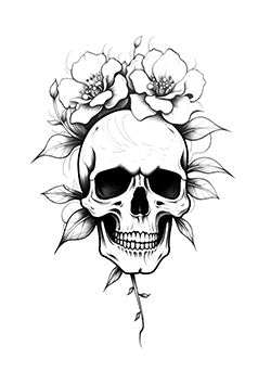 Tattoo template of a human skull with blooming flowers and intricate leaves