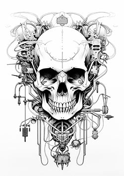 Tattoo template of a futuristic skull intertwined with mechanical parts