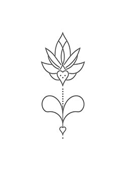 Tattoo template of a stylized flower with heart shapes and detailed linework representing tranquility and elegance