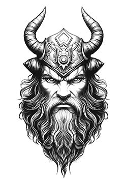 Tattoo template of a Viking warrior with a long beard and horned helmet exuding strength and wisdom