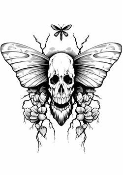 Tattoo template of a skull with butterfly wings and flowers, symbolizing life and death