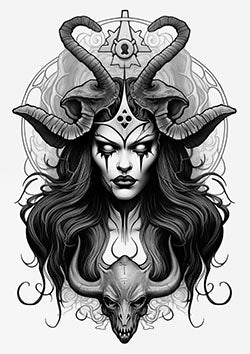 Tattoo template of a sorceress with ram horns and skull