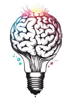 Tattoo template of a brain inside a light bulb, radiating vibrant creativity and energy