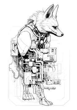 Tattoo template of a cybernetic fox with mechanical parts exposed