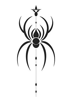 Tattoo template of a stylized geometric spider with charms