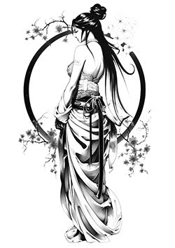 Tattoo template of a geisha with cherry blossoms