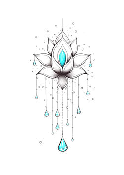 Tattoo template of a mystical lotus flower with hanging blue crystals