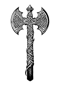 Tattoo template of a Celtic battleaxe with knot patterns