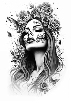 Tattoo template of a woman with floral face paint, surrounded by blooming roses and butterflies