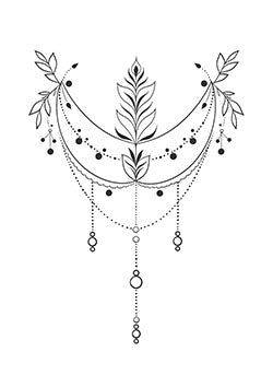 Tattoo template of a delicate floral and leafy design with intricate details and hanging beads