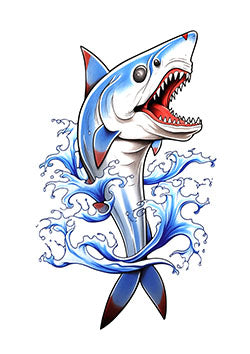 Tattoo template of a fierce shark jumping out of the water displaying sharp teeth and strength