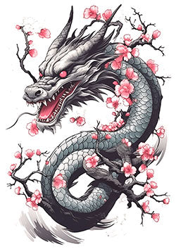 Tattoo template of a dragon with cherry blossoms