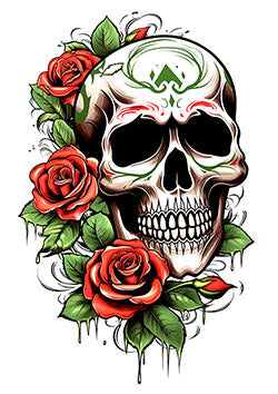 Tattoo template of a skull with vibrant red roses and green foliage