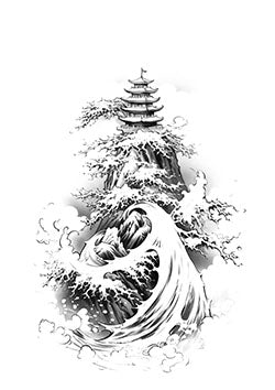 Tattoo template of a pagoda on a wave-engulfed mountain