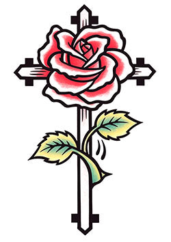 Tattoo template of a red rose wrapped around a cross, symbolizing strength